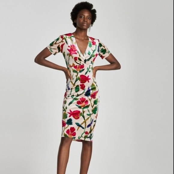 [Zara] Velvet V Neck Crossover Midi Floral Dress - Picture 1 of 4